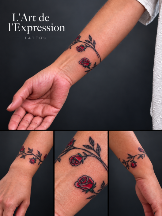 Tatouage bracelet floral réalisé par L'Art de l'Expression Tatouage au Havre
